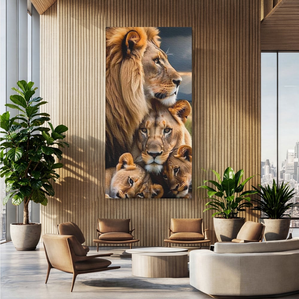 Tablou canvas cu tablou canvas cu o familie de lei, fara rama, pe sasiu de lemn, pe perete intr-un birou